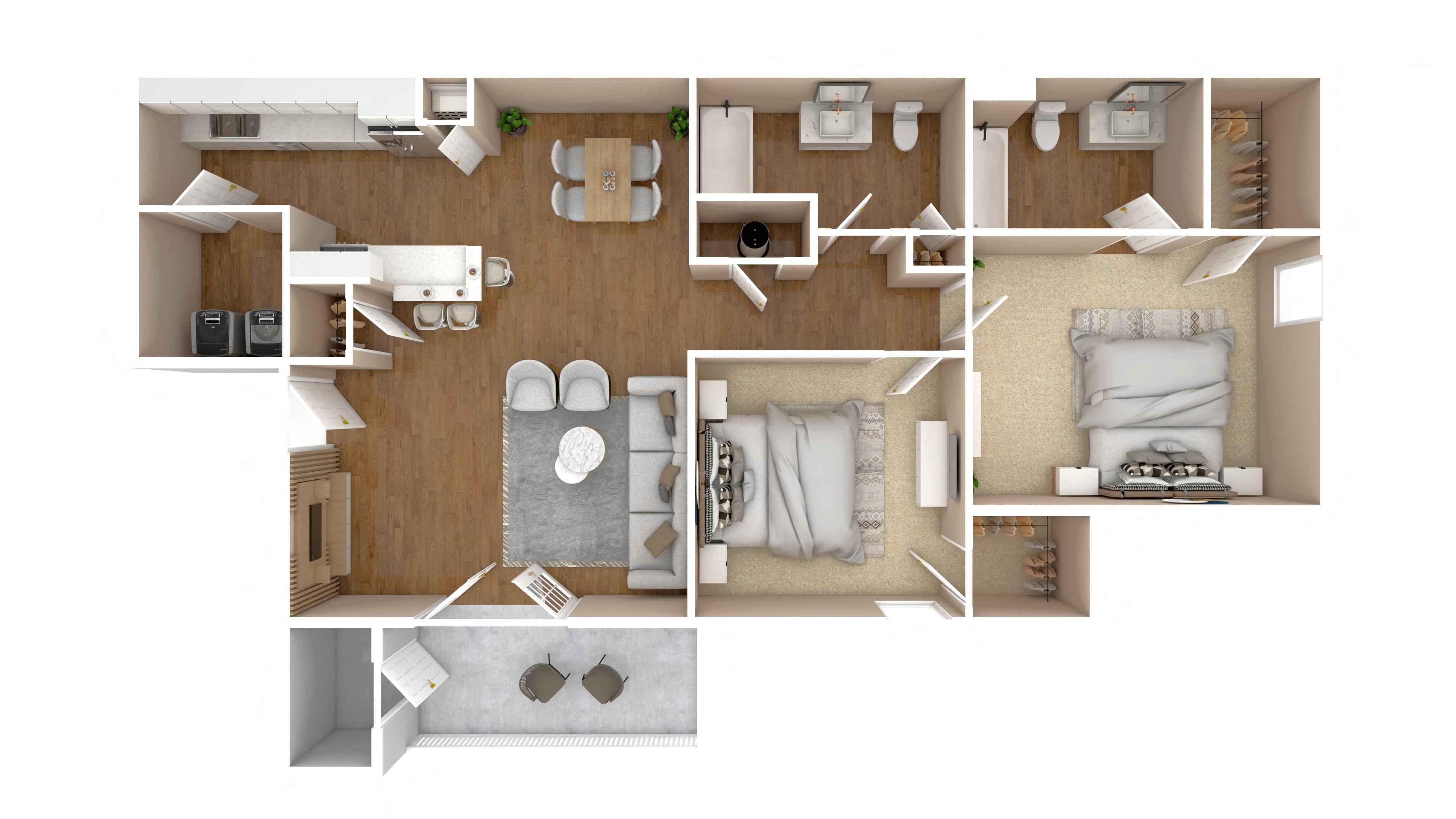 Floor plan for 2 beds, 2 baths, 1100 sqft